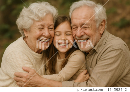 Grandparents and granddaughter are enjoying a cheerful moment together outdoors, sharing a warm embrace and laughing heartily 134592542