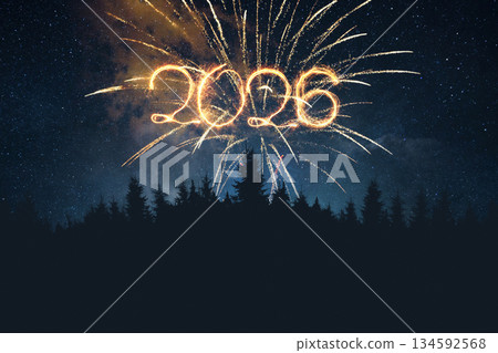 Happy New Year 2026. Spectacular golden fireworks display forming the numbers 2026 against a deep blue starry sky. Ideal for seasonal greetings, holiday promotions, celebration. 134592568