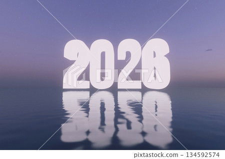 The year 2026 glowing brightly above a calm, reflective body of water. The scene is set against a soft purple, starry twilight sky, conveying tranquility and a fresh start. Ideal for new beginnings 134592574