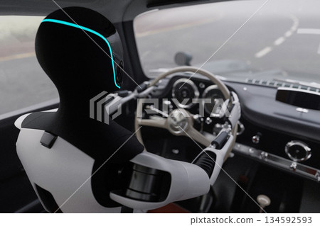 AI driving a vintage car. Robot with glowing light behind the wheel of a classic sports car. Technology meets nostalgia. Future of autonomous driving. Autonomous driving concept. Futuristic AI robot 134592593