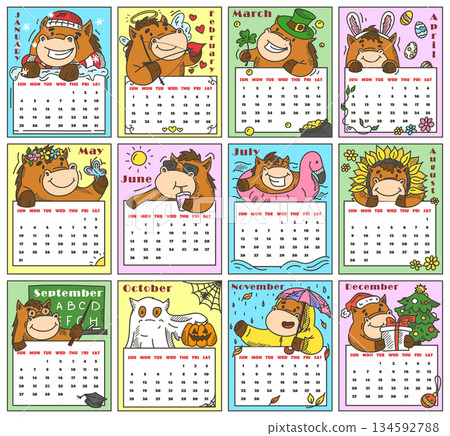 2026 horse monthly calendar vector isolated 134592788