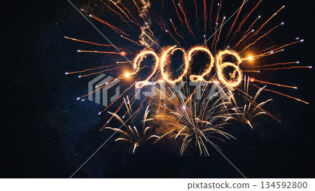 Happy New Year 2026 Square creative Greeting card. Beautiful holiday web banner with Golden sparkling number 2026 on night sky 134592800