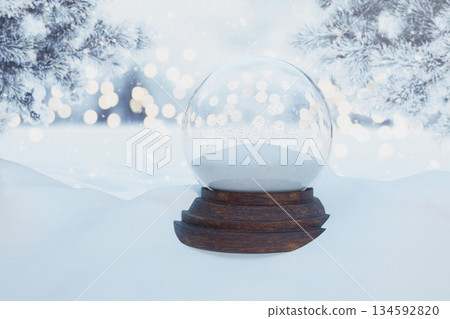Blank Snow Globe Template. Empty glass snow globe on a wooden base in a festive, snowy winter landscape. Perfect for adding custom text, images, or figures for a personalized holiday greeting Blank Snow Globe Template. Empty glass snow globe on a wooden base in a festive, snowy winter landscape. Perfect for adding custom text, images, or figures for a personalized holiday greeting 134592820
