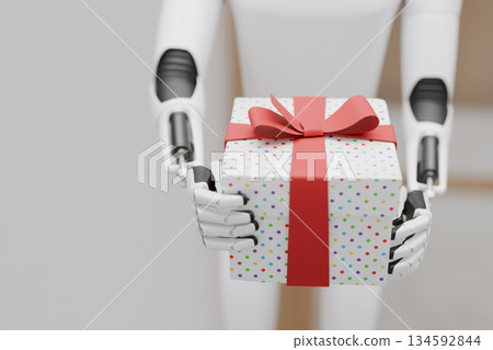 modern robot presents a colorful, polka-dot gift box tied with a red bow. Perfect for themes of technology, celebration, and future commerce. New Year and Christmas gift, creative idea. Present modern robot presents a colorful, polka-dot gift box tied with a red bow. Perfect for themes of technology, celebration, and future commerce. New Year and Christmas gift, creative idea. Present 134592844
