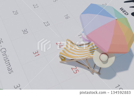 Vacation time marked on a calendar: A miniature beach chair and umbrella set on the dates 24 and 25, representing planned summer holidays, time off, or a much-needed break. Winter holidays 134592883