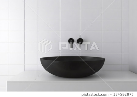 Contemporary bathroom design featuring a sleek black sink and minimalist white tile backsplash, creating a clean and stylish space 134592975