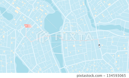 Car navigation map. Route planning with destination marker and ETA. GPS tracking system to navigate around the city. City map with car icon on planned route Vector illustration 134593065