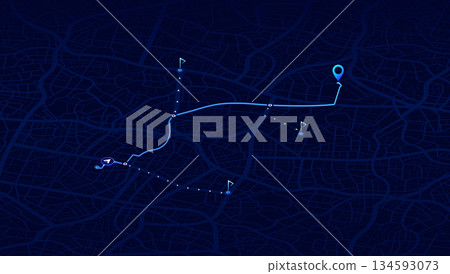 Isometric city map with GPS navigation route and location pins on dark blue background. Vector illustration. 134593073