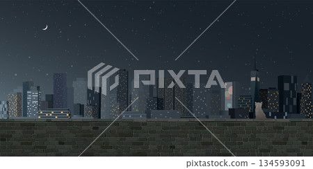 A cat sitting on old brick wall looking at the night view of skyscraper graphic illustration have blank space. 134593091