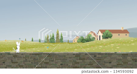 A cat playing with butterfly on old brick wall have small village in colorful flower fields hill and mountain range behind graphic illustration. 134593092