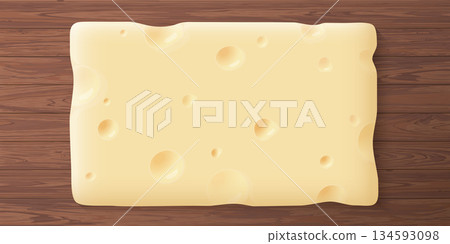 A piece of swiss cheese cross section texture on wooden plate background graphic illustration. 134593098