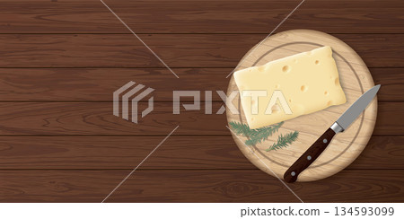 A piece of swiss cheese with knife on a cutting board placed on the wooden table top view graphic illustration have blank space. A piece of swiss cheese with knife on a cutting board placed on the wooden table top view graphic illustration have blank space. 134593099