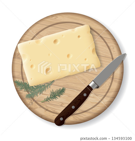 A piece of swiss cheese with knife on a wooden cutting board top view isolated on white background graphic illustration. 134593100