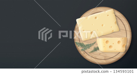 Swiss cheese on a wooden cutting board placed on cement texture background top view graphic illustration have blank space. 134593101