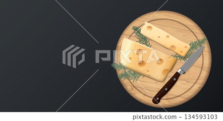 Swiss cheese, rosemary and knife on a wooden cutting board placed on cement texture background top view graphic illustration have blank space. Swiss cheese, rosemary and knife on a wooden cutting board placed on cement texture background top view graphic illustration have blank space. 134593103