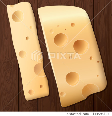 Swiss cheese and slices on wooden plate square background graphic illustration. 134593105