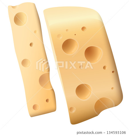 Swiss cheese and slices isolated on white background graphic illustration. 134593106