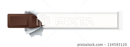 Wrapped mini chocolate bar was unwrapped and there was a chocolate bar inside top view isolated graphic illustration have blank space. 134593120