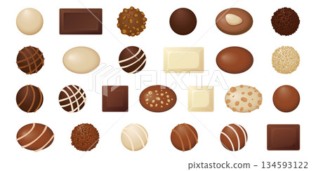 Chocolate pralines candies top view isolated collection graphic illustration. Chocolate pralines candies top view isolated collection graphic illustration. 134593122