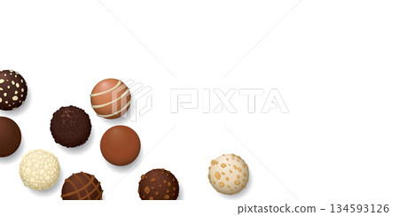 Various chocolate balls top view on white background graphic illustration have blank space. 134593126