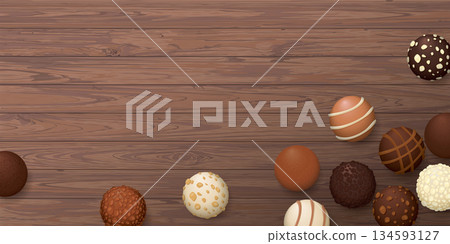 Various chocolate balls top view on wooden background graphic illustration have blank space. Various chocolate balls top view on wooden background graphic illustration have blank space. 134593127