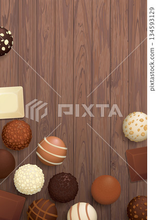 Various chocolate balls and chocolate bar top view on wooden vertical background graphic illustration have blank space. Various chocolate balls and chocolate bar top view on wooden vertical background graphic illustration have blank space. 134593129