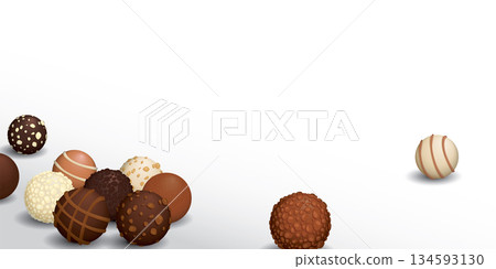 Various chocolate balls on white background graphic illustration have blank space. Various chocolate balls on white background graphic illustration have blank space. 134593130