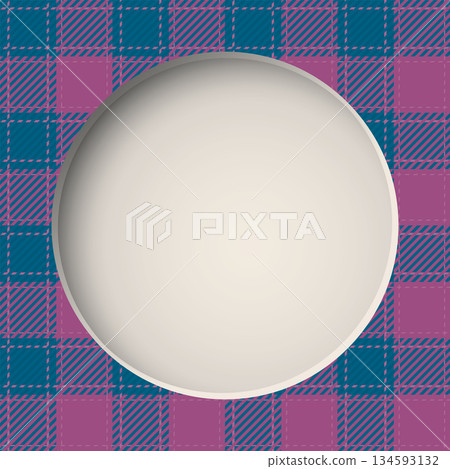 3D blank circle frame paper cut style with tartan plaid pattern pink and blue colors square background graphic illustration. 134593132