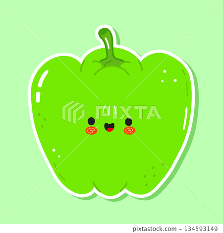 Cute green pepper cartoon character smiling and happy 134593149