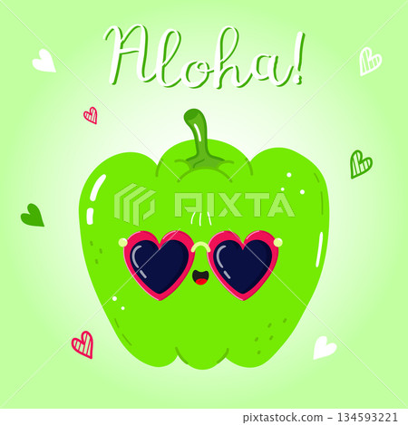 Cute green bell pepper wearing heart sunglasses saying Aloha 134593221