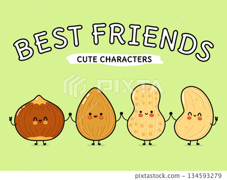 Cute cartoon nut characters being best friends and holding hands 134593279