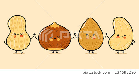 Happy cartoon nuts holding hands friendship concept 134593280