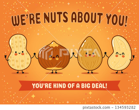 Cute cartoon nuts holding hands showing appreciation and friendship Cute cartoon nuts holding hands showing appreciation and friendship 134593282