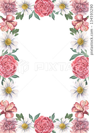 Vertical frame, peonies, carnations, chrysanthemums, alstroemerias, leaves. Hand-painted watercolor illustration isolated on white for invitations, branding, packaging, stationery, design projects 134593290