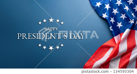 President's day. Blue background with American flag. Website banner and greeting card design template. 134593304