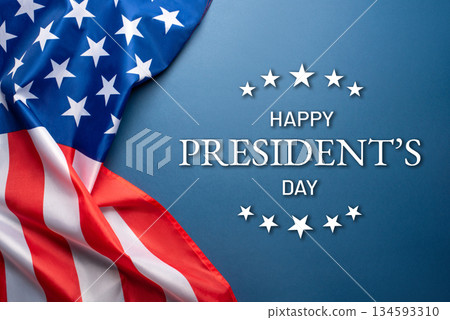 President's day. Blue background with American flag. Website banner and greeting card design template. 134593310