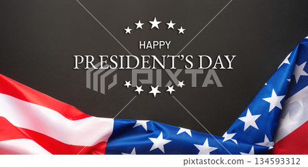 President's day. Black background with American flag. Website banner and greeting card design template. 134593312