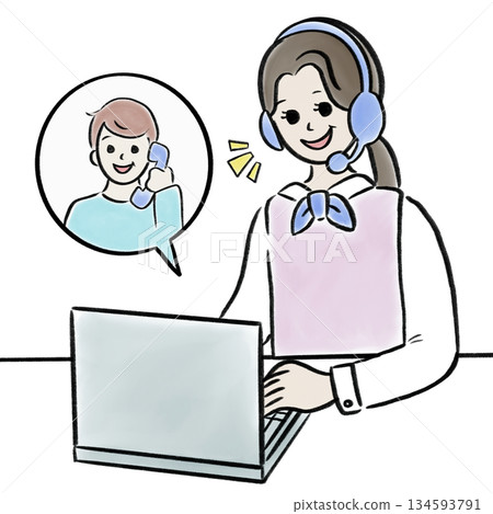 水彩插畫素材，描繪了一名男子撥打呼叫中心電話的情景 134593791