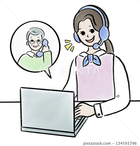 Illustration material of a senior man calling a watercolor-style call center 134593796