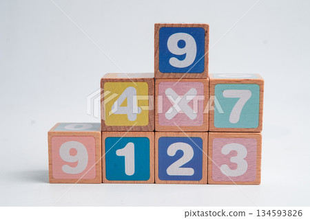 Number wood block cubes for learning Mathematic, education math. Number wood block cubes for learning Mathematic, education math. 134593826