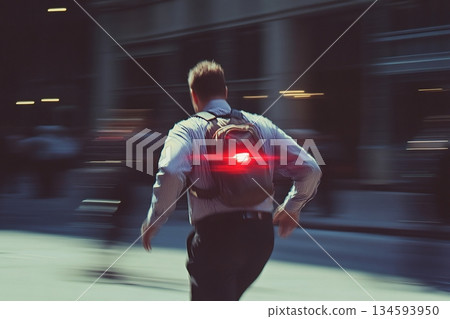 Businessman in motion with glowing red backpack light rushing through a blurred city street, symbolizing urgency and speed 134593950
