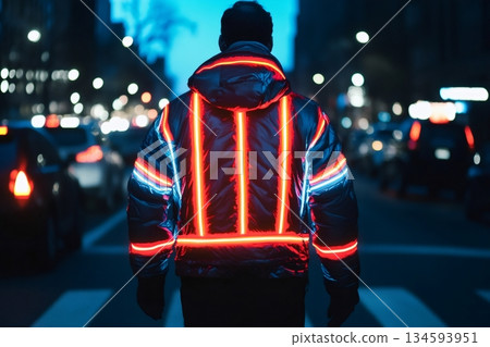 Person in illuminated neon jacket crossing a city street at night, symbolizing safety, visibility, and modern urban lifestyle 134593951