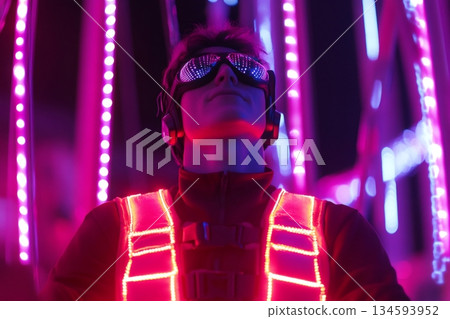 Young man wearing LED vest and goggles surrounded by bright neon carnival lights, symbolizing futuristic nightlife atmosphere 134593952