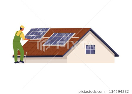 Illustration of Professional Technician Installing Solar Panels on Residential House Roof Illustration of Professional Technician Installing Solar Panels on Residential House Roof 134594282