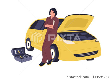Illustration of Professional Female Mechanic Repairing Car Engine with Tool Box Illustration of Professional Female Mechanic Repairing Car Engine with Tool Box 134594287