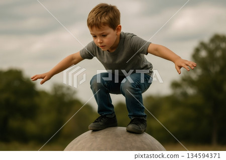 Child crouching on a sphere, balancing skillfully with arms outstretched, enjoying a playful moment in a vibrant park setting 134594371