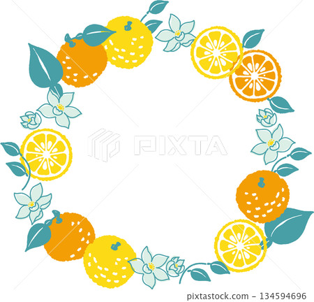 復古風格，簡約流行柚子插畫，圓形畫框 134594696