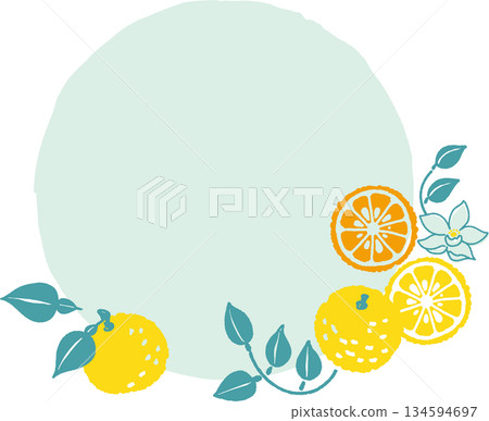 復古風格，簡約流行柚子插畫，圓形畫框 134594697