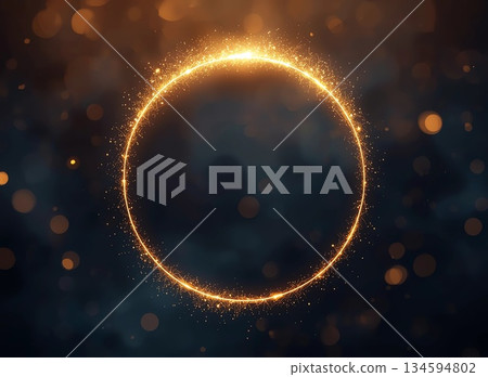 Abstract glowing circular ring made of golden light particles and fine energy sparks, forming a perfect luminous circle. The ring floats slightly above a dark atmospheric background. 134594802