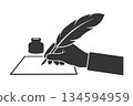 Silhouette icon of a hand writing with a feather pen 134594959